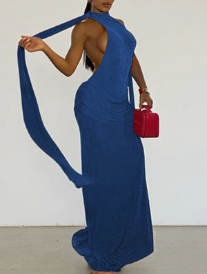 Backless Halter Neck  Ribbons Sleeveless Maxi Dress