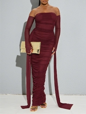 Ruched Off Shoulder Ribbons Maxi Dress