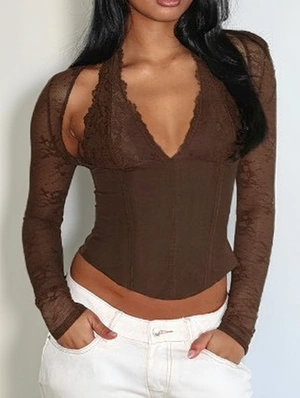 Lace Panel Patch V Neck T-shirts