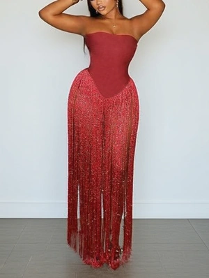 Strapless Fringe Sparkly Fitted Bodysuits