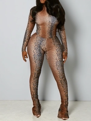 Snake Print Cropped Bodycon Flared Pant Sets