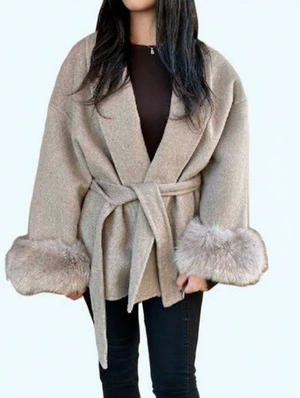 Tweed Waist Tie Lapel Fur Trim Coats