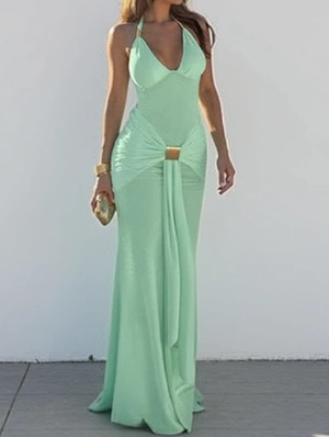 Metal Buckle Ribbon Bow Elasticized Halter Dress