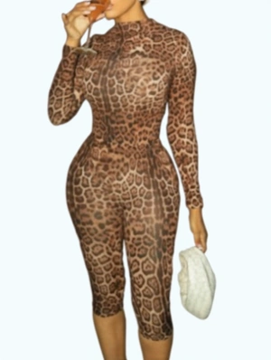 Leopard Zipper Bodycon Knee Shorts Sets