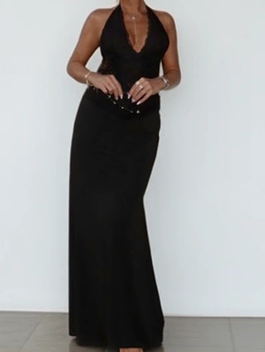 Halter Lace Backless Sleeveless Maxi Dress