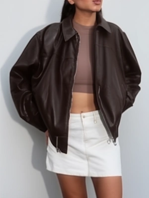 Plain Color Leather Zipper Lapel Coats