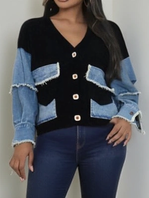 Colorblock Denim Knitted Loose Cardigan