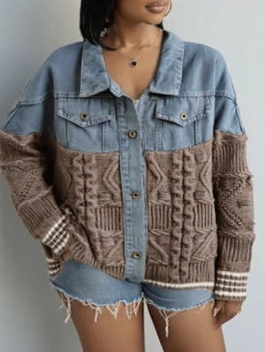 Denim Cable Knit Patchwork Lapel Cardigan