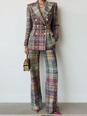Colorblock Plaid Lapel Blazers Pant Sets