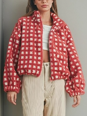 Colorblock Plaid Lapel Zipper Plush Coats