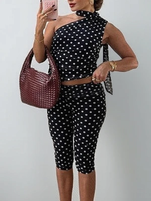 Polka Dots Inclined Shoulder Capri Pants Sets