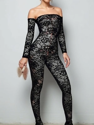 Lace Panel Backless Long Sleeve Jumpsuits