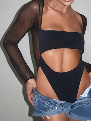 Gauze Bodycon Square Neck Long Sleeve Bodysuits