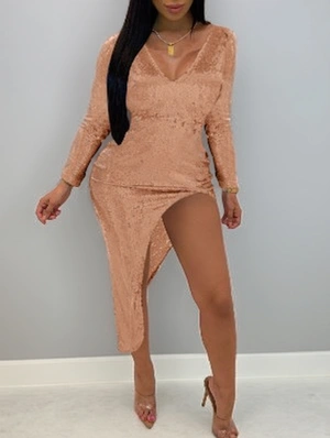 Patchwork Sequin V Neck Long Sleeve Dress