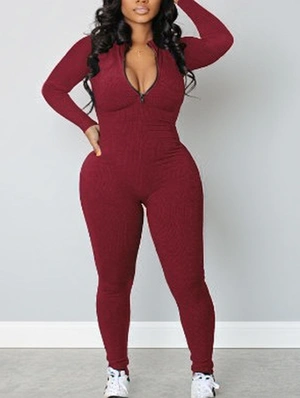 Plain Color Bodycon Zipper Jumpsuits