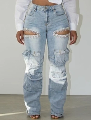 Embellished Camo Denim Multi Pocket Jeans