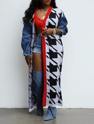 Colorblock Denim Knitted Long Cardigan