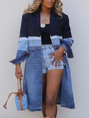 Denim Colorblock Lapel Buckle Long Coats