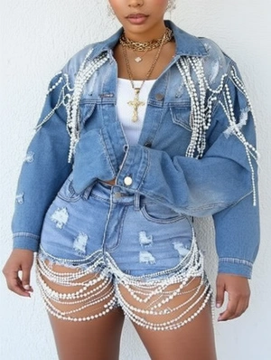 Faux Pearl Cropped Denim Lapel Coats