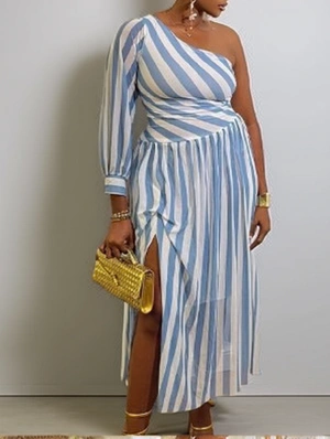 Striped One-shoulder Split Hem Maxi Dress