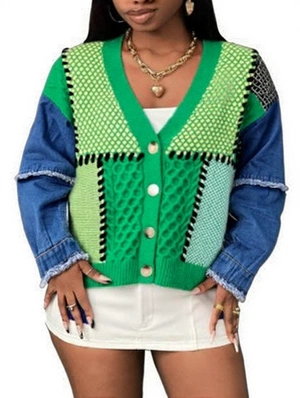 Knitted Denim Raged Hem V Neck Cardigan