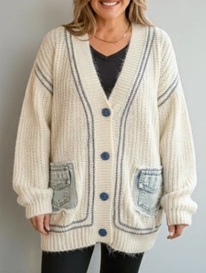 Knitting Denim V Neck Loose Cardigan