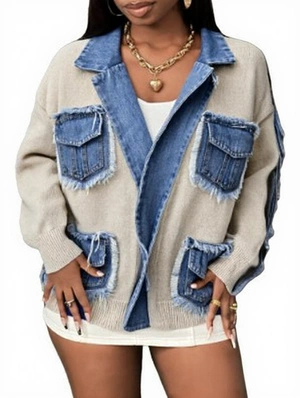 Knitting Denim Raged Hem Lapel Cardigan