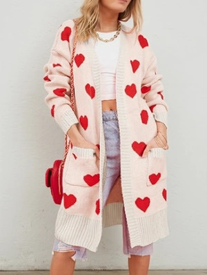 Colorblock Heart Knitting Long Cardigan