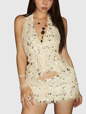 Fluff Sequin Halter Backless Lace-Up Short Sets
