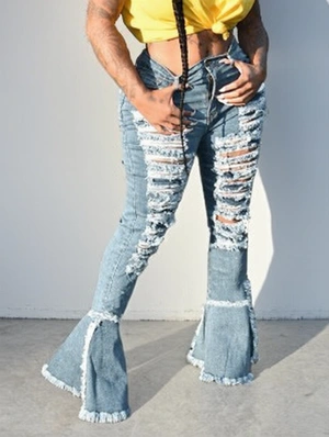 Washed Denim Ripped Flare Leg Jeans