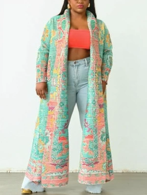Colorblock Print Ruched Long Cardigan