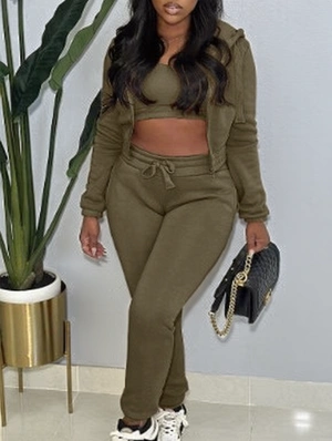 Solid Cropped Tank Hooded Pant 3 Piece Sets