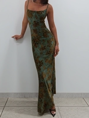 Skinny Floral Color Matching Backless Maxi Dress