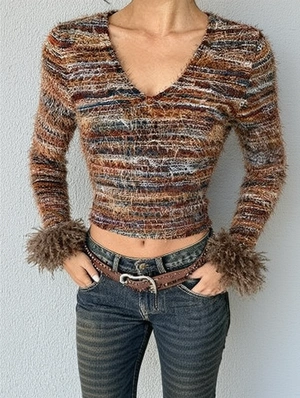 Colorblock Fur Trim V Neck Cropped Tops