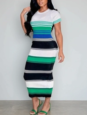 Colorblock Striped Bodycon Maxi Dress