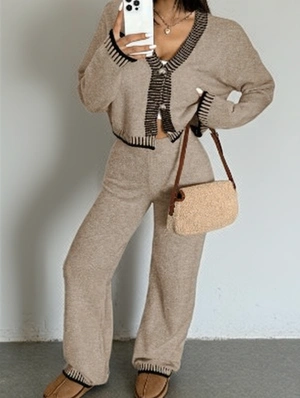 Striped Knitting V Neck Cardigan Pant Sets