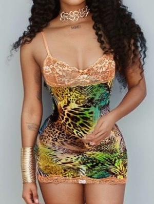 Leopard Backless Lace Panel Slip Mini Dress