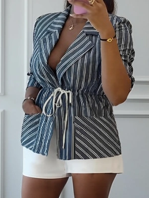 Striped Tie-wrap Notch Lapel Blazers