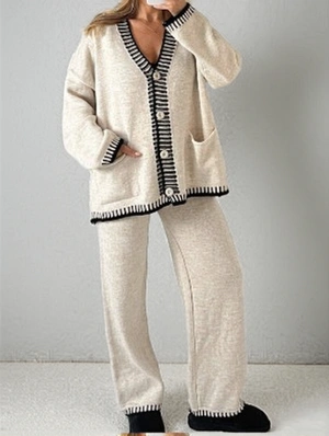 Knitted Loose Striped Trim Cardigan Pant Sets