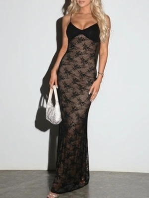 Spaghetti Straps Lace Panel Patchwork Seductive Sleeveless Maxi Dress