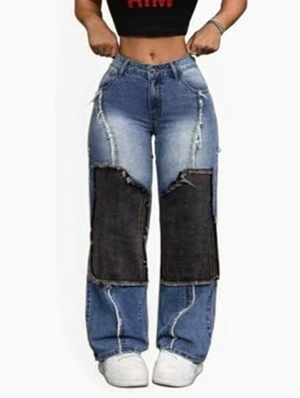 Colorblock Patch Raged Hem Denim Jeans