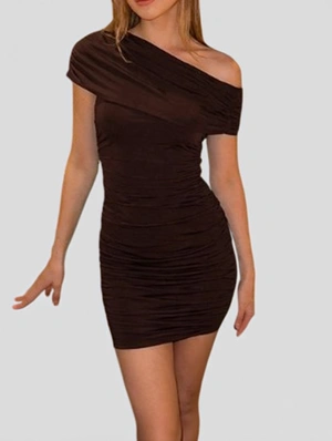 Patchwork Ruched Inclined Shoulder Short Sleeve Dress