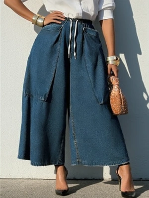 Washed Denim Pocket Wide Leg Jeans
