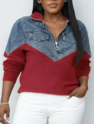 Denim Colorblock Loose Zipper Sweatshirts