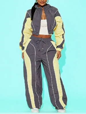 Colorblock Line Cropped Jackets Pant Sets