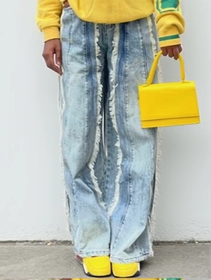 Washed Denim Raged Hem Straight Jeans