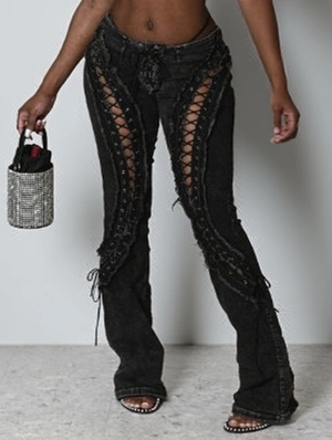Distressed Tie-wrap Washed Denim Jeans