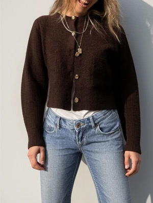 Metal Button Pure Color Crewneck Cardigan  Coat