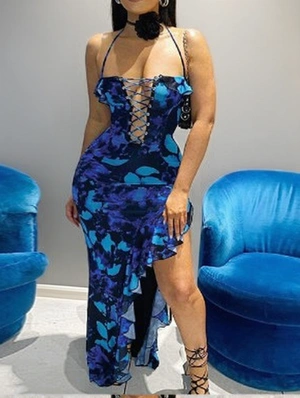 Ruffle Lace-Up Halter Backless Maxi Dress