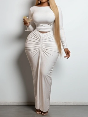 Plain Bare Waist Bodycon Ruched Skirt Sets